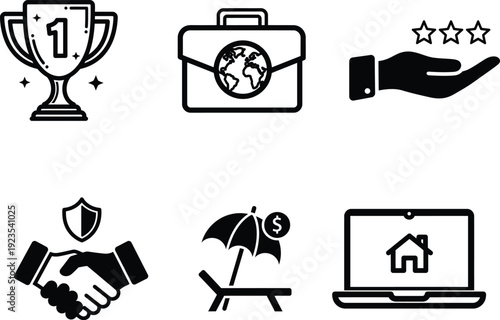 business icons with award shield handshake and laptop