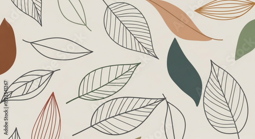 Colorful illustration of various leaves on beige background autumnal pattern with green brown and orange hues