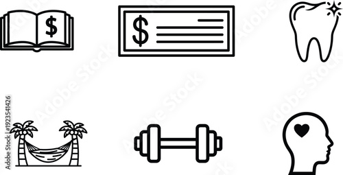 line icons of book with dollar sign banknote tooth hammock with palm trees dumbbell and head with heart