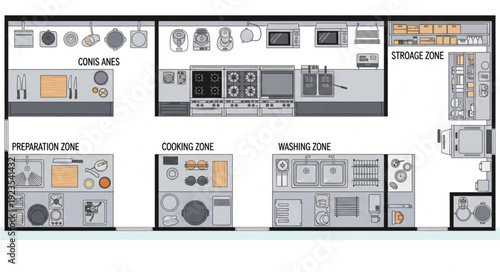 Detailed kitchen layout plan showcasing various cooking and preparation zones.