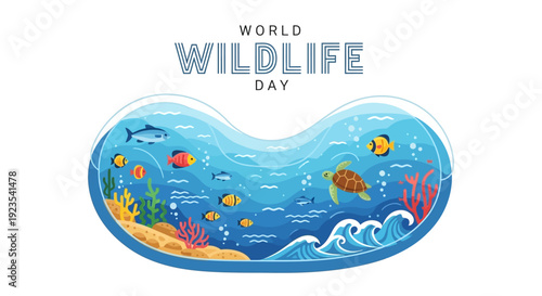 Vector illustration of an underwater scene with various fish and sea creatures on World Wildlife Day, promoting global wildlife awareness and conservation.