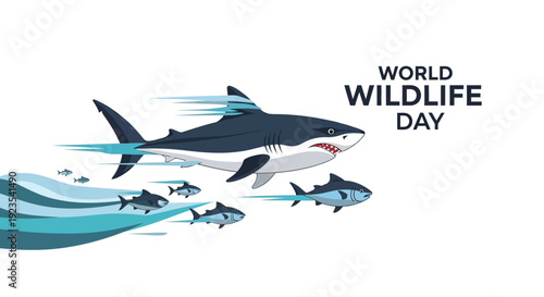 Vector illustration of a shark and smaller fish swimming together, celebrating World Wildlife Day and promoting wildlife conservation awareness on a white background with a wave design.