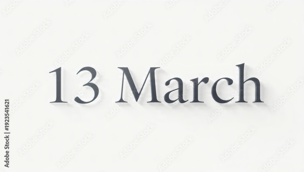Fototapeta premium Bold typography “13 March”, modern minimalist design, clean white background, elegant sans-serif font, soft shadow, centered composition, high resolution