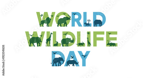 Illustration of World Wildlife Day logo with animal silhouettes in blue and green hues on a white background.