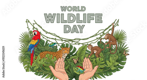 Illustration of World Wildlife Day with various animals and foliage surrounded by hands, promoting conservation and protection in a vibrant, green environment.
