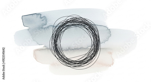 Coiled metal wire on abstract watercolor background with gray and white hues