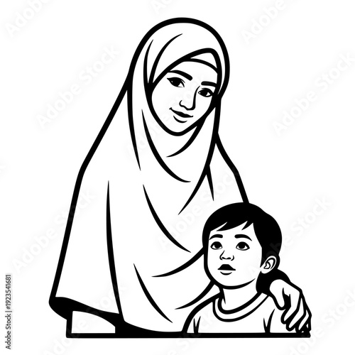 Muslim Mother and Child Black and White Illustration