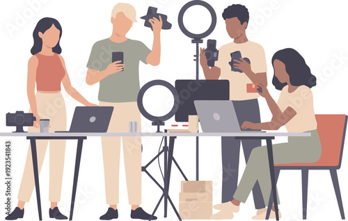 Diverse Group Creating Content with Cameras Lights and Laptops Vector Illustration