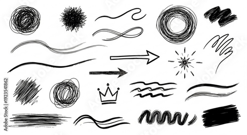 Collection of black ink brush strokes swirls and symbols on white background for design and artistic use