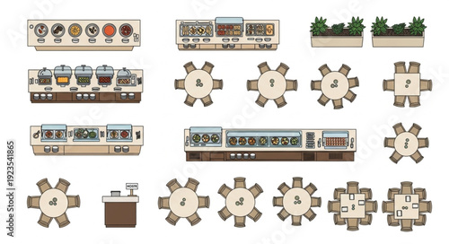 Restaurant furniture and decor elements arranged in a top-down view for design.