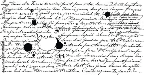 Aged document featuring ornate cursive handwriting and dramatic black ink blots suggesting historical correspondence or vintage manuscript texture.