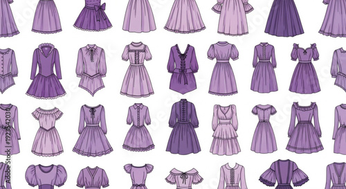 Seamless Purple Vintage Dresses Pattern Elegant Fashion Illustration for Women's Day