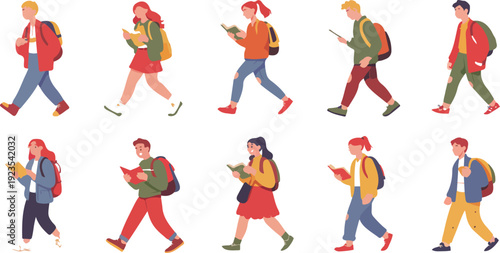 University Students Flat Vector Set  Diverse Young Adults with Books and Backpacks