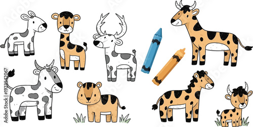 Adorable collection of various whimsical cartoon jungle animals and safari creatures illustrated in a charming hand-drawn style next to colorful crayons.
