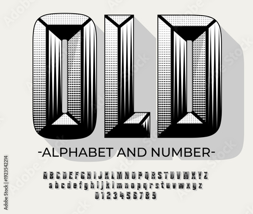 Halftone pop art style alphabet design. Chisel retro font with modern dispersed texture, uppercase number and symbols