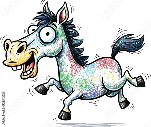 Cartoon drawing of a giddy and wildly energetic multicolored pony or horse character galloping happily with a wide open mouth expression.