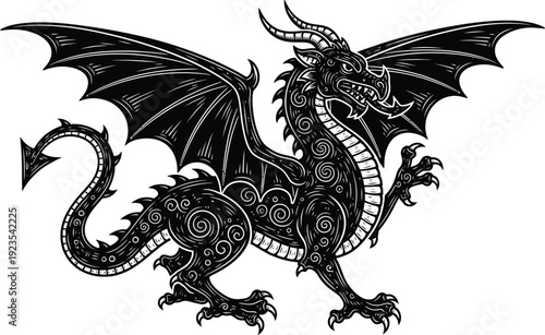 Intricate black and white woodcut style illustration of a fierce winged serpentine dragon featuring elaborate swirling decorative body patterns and sharp claws, perfect for fantasy projects.