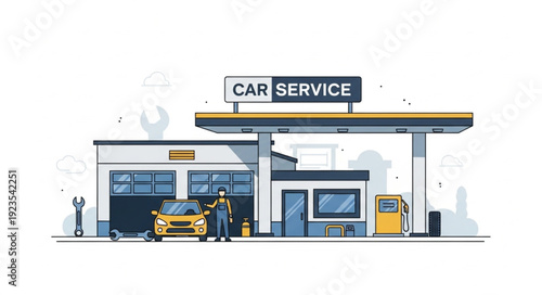 Car Service Station with Yellow Car.