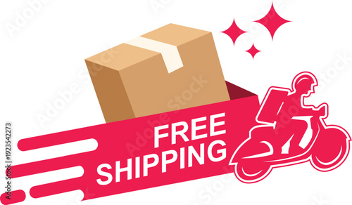 Free Shipping Icon. Cardboard box with fast, shiny, free ribbon tag. Shipping Box Graphic with Red Free Shipping Banner. Vector Image