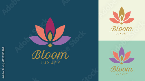 A vibrant logo featuring a stylized bloom with rich colors, representing elegance and luxury, ideal for high-end brands focused on beauty, fashion, and wellness.
