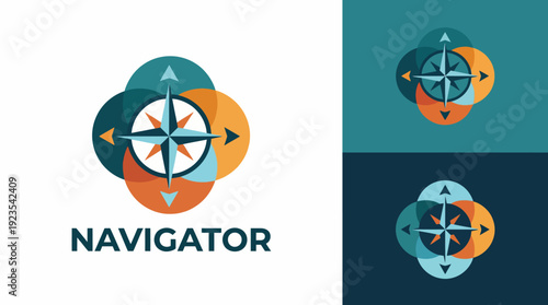 This colorful compass logo integrates multiple elements of navigation, using overlapping geometric shapes to convey a sense of direction and adventure in travel.