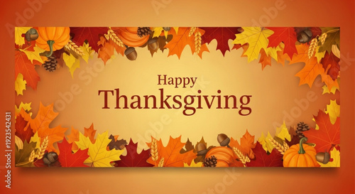 Happy thanksgiving greeting card with fall leaves and pumpkins on orange background