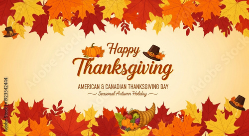 Happy thanksgiving day greeting with colorful autumn leaves and traditional symbols