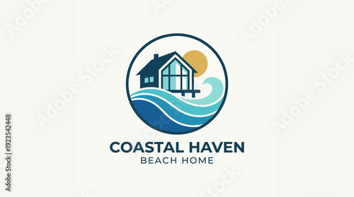 A picturesque logo featuring a house by the water and waves, representing tranquility, vacation, and relaxation, ideal for beach home rentals and vacation services.