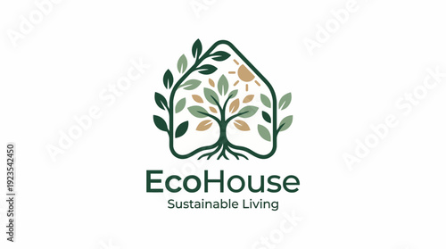 The image presents a modern eco-friendly house logo, creatively adorned with leaves and trees, symbolizing sustainability, nature, and environmentally conscious living.