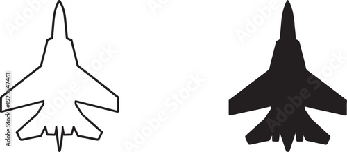 Simple black fighter jet icon isolated on white background vector illustration.