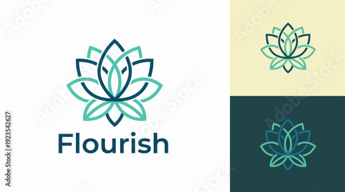 The 'Flourish' logo features a lotus flower design, symbolizing growth and beauty, ideal for brands that focus on nature, wellness, and positive transformation for a better life.