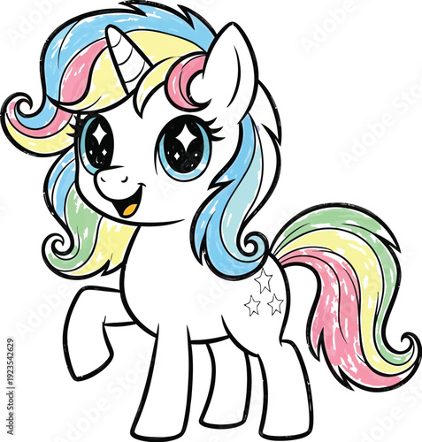 Adorable cute cartoon unicorn character with sparkling eyes and rainbow colored mane standing cheerfully against a clean white background