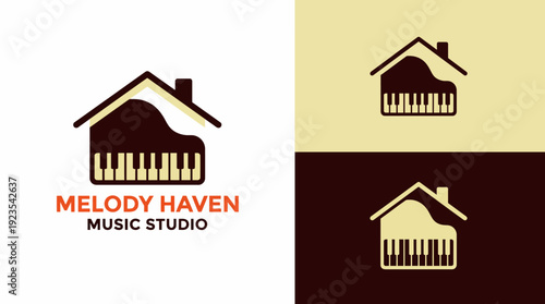 A modern logo for a music studio featuring a piano integrated with a house silhouette, encapsulating the essence of creativity and musical passion in a stylish form.