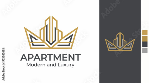 This logo showcases a modern luxury apartment design featuring sharp geometric lines and a gold crown-like structure, representing elegance and sophistication.