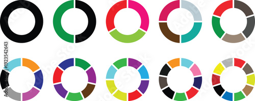 Group of ten vibrant donut charts illustrating various percentages and data segments for informational purposes