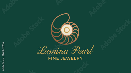 This luxury logo features a nautilus shell in an elegant gold and green design, symbolizing beauty and sophistication, perfect for a fine jewelry brand.