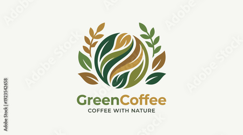This logo creatively represents a coffee bean intertwined with green leaves, showcasing freshness and natural qualities, perfect for eco-friendly coffee brands seeking a distinct identity.