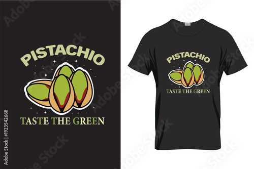 Pistachio t-shirt design mockup with green taste slogan on black