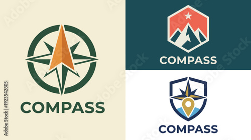 This image presents three variations of compass logos, symbolizing adventure, mountains, and exploration, each crafted in a unique style, focusing on outdoor exploration themes.