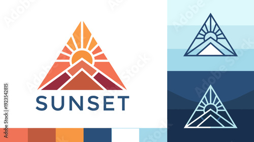 A breathtaking logo featuring a stunning sunset over mountains evokes feelings of adventure and tranquility, perfect for tourism and outdoor adventure brands.