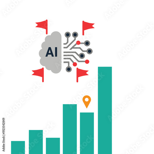 AI bias ethics data visualized with a brain icon, circuit board, and bar graph. Modern, digital illustration with a dark background. Suitable for tech and data concepts.