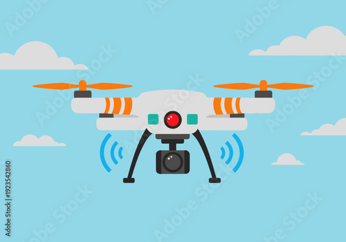 An auto drone monitors a fire, showcasing its fire response capabilities. Modern, clean design with blue wave signals. Ideal for tech and emergency visuals.