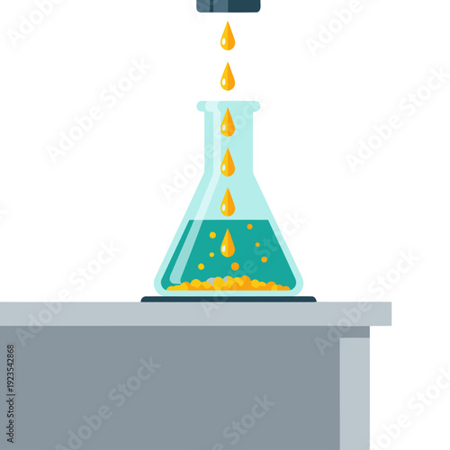 Chemical gold leaching process visualized. Bright yellow gold flakes settle in a green solution within a flask. Scientific laboratory setting.  Caution symbol present.