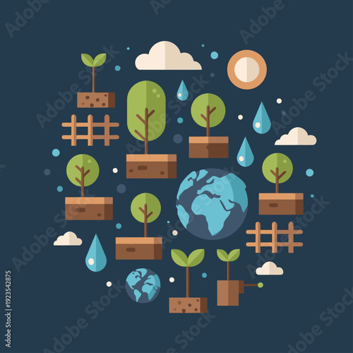 A circular design featuring a globe, trees, rain, and sun, symbolizing reforestation and global ecological balance. Modern, flat vector illustration.