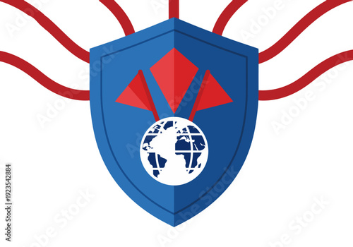 A dynamic shield emblem featuring a globe, red triangles, and ?Safeguard AI Ethics World? text. Bold, modern design with a black background. Suitable for tech, ethics, and global concepts.