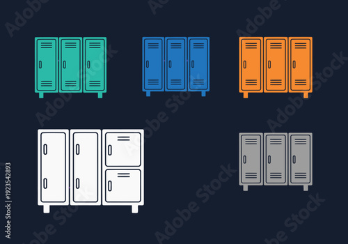 Colorful locker icons arranged on a purple grid background. A versatile set for logistics, storage, and school themes. Modern, flat design.