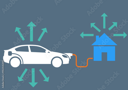 An electric vehicle (EV) shares power with a house via Vehicle-to-Grid (V2G) technology, showcasing community energy distribution. Modern, clean design.