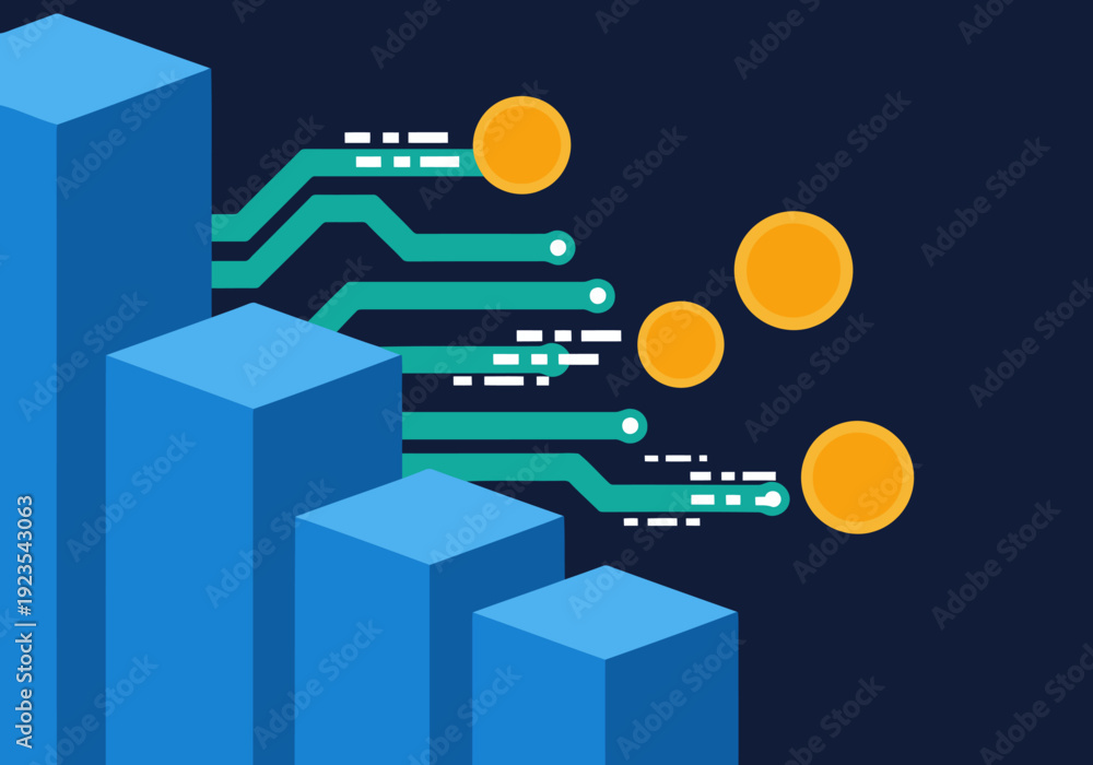 Fototapeta premium Modern graphic showcasing wholesale CBD tech growth with digital circuit pathways and coins ascending a bar graph. Bold blue and teal design for commercial use.
