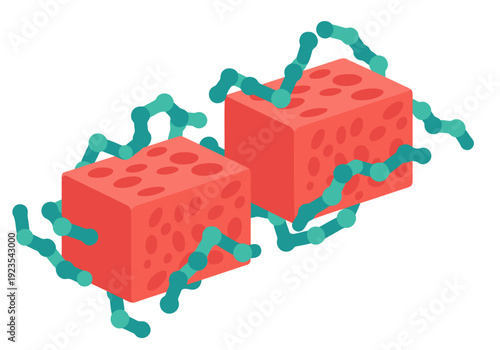 Illustrative graphic depicting tissue repair with peptide therapy. Vibrant red tissue blocks surrounded by bacteria, medical symbols, and a stethoscope. Focus on tissue regeneration and healthcare.