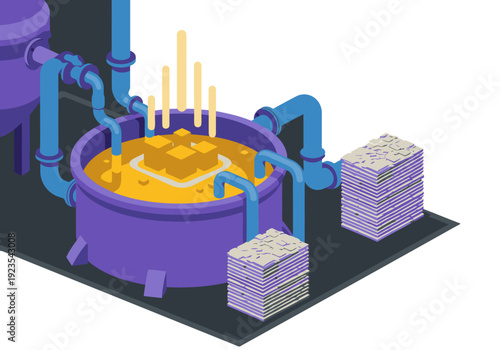 Isometric illustration showcases gold recovery technology, extracting gold bars from waste. Vibrant colors and detailed design offer a striking visual for commercial use.